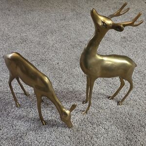 Vintage MCM Brass Smooth Deer Buck and Doe Figurines Statues Medium 12” Tall